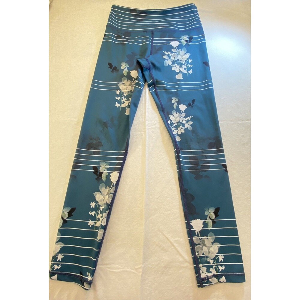 Zyia Active Leggings Size M Blue Floral Stripe High Rise Compression